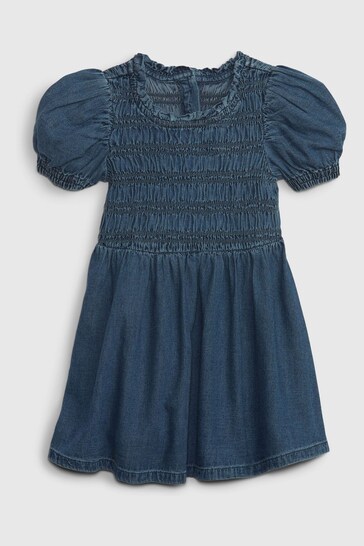 Gap Blue Puff Sleeve Smocked Denim Dress with Washwell
