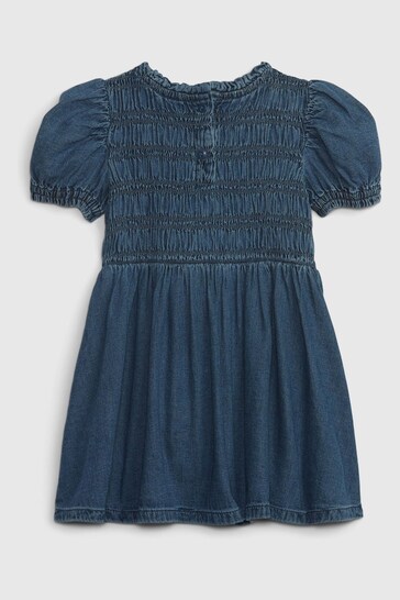 Gap Blue Puff Sleeve Smocked Denim Dress with Washwell