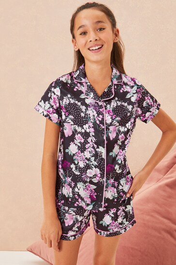 Lipsy Black Floral Satin Pyjama Set