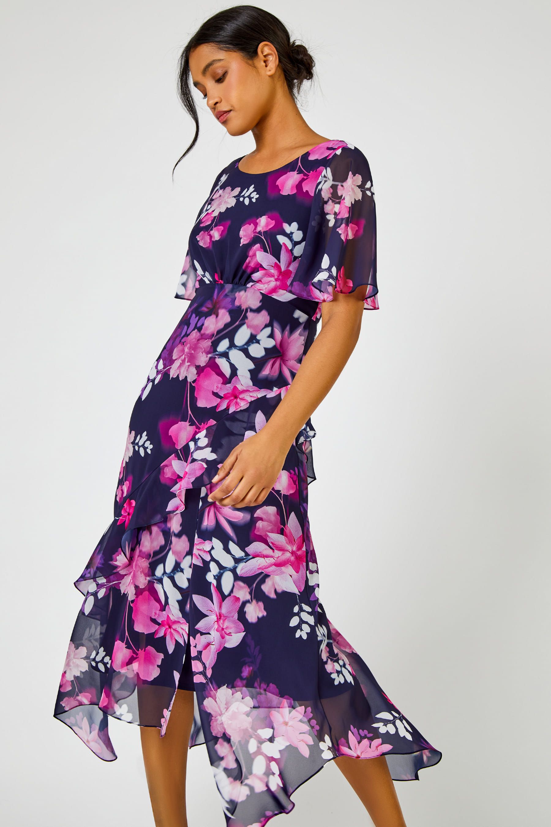 Roman Navy Pink Floral Print Frill Detail Midi Dress