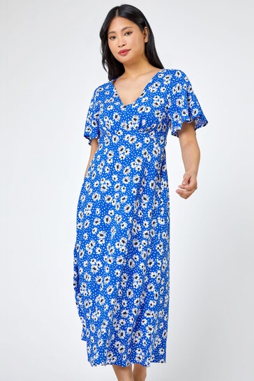 Roman Blue Petite Floral Print Flute Sleeve Evans Dress