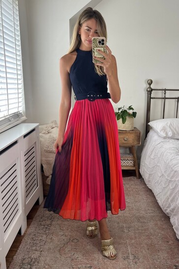 Buy Style Cheat Navy/Orange Luisa Halter Pleated Maxi Dress from the