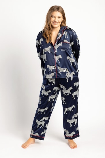 Chelsea Peers Navy Zebra Curve Curve Satin Button Up Pyjama Set