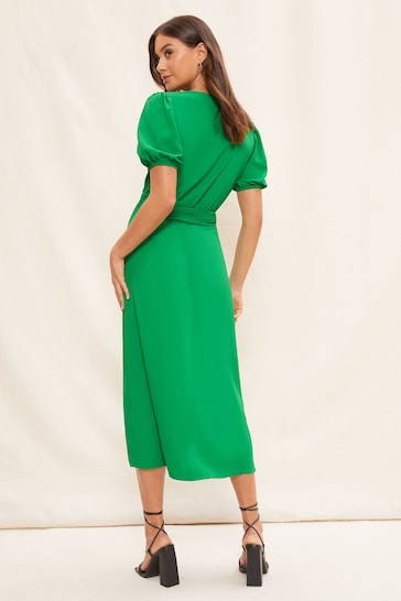 Friends Like These Bright Green Puff Sleeve Ruched Waist V Neck Midi Summer Dress