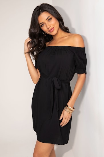 Pour Moi Black Woven Puff Sleeve Belted Bardot Dress