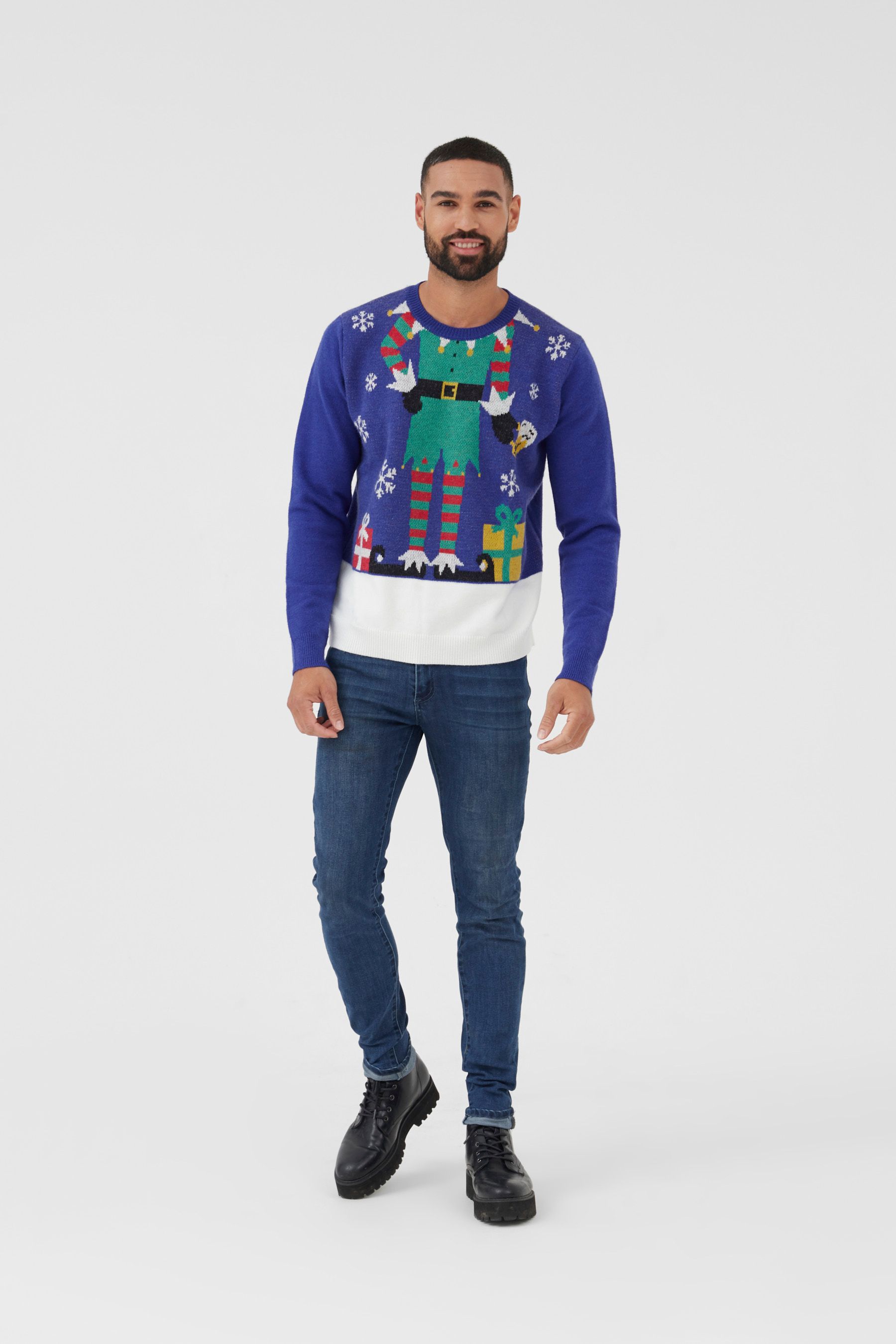 Buy Society 8 Blue Elf Christmas Jumper Mens from the Next UK