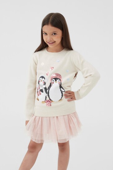 Society 8 White Penguin Christmas Jumper - Girls