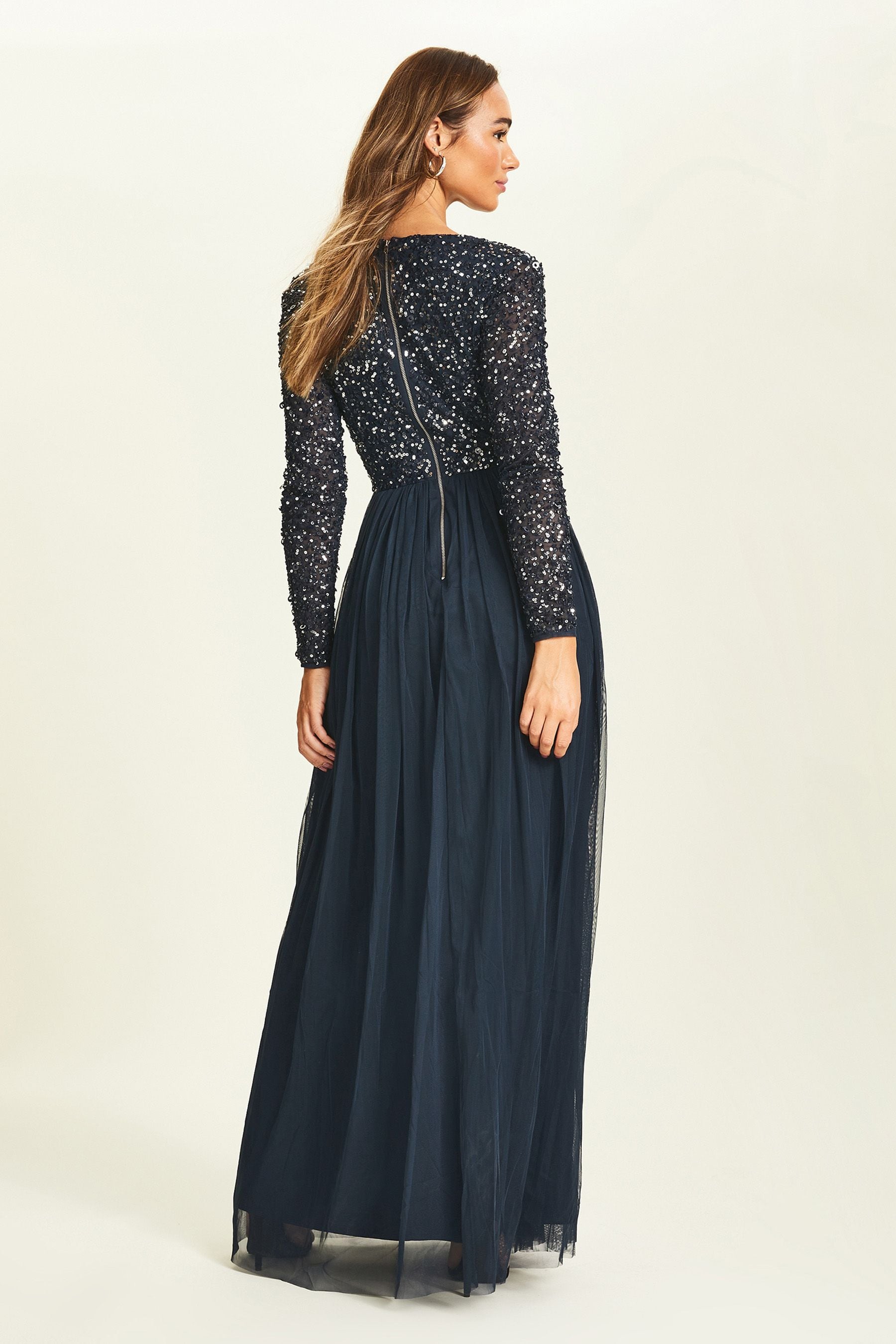 Buy Maya Navy Blue Petite Wrap Long Sleeve Sequin Maxi Dress from