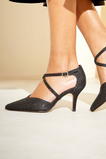 Friends Like These Black Glitter Regular Fit Cross Over Pointed Mid Court Heel