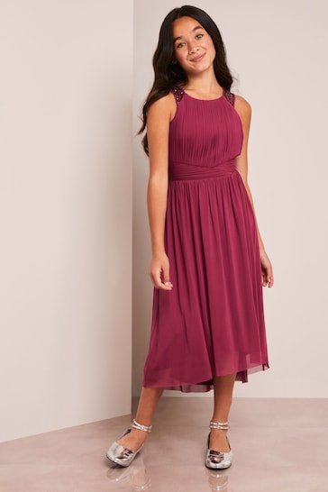 Lipsy Berry Red Embellished Strap Midi Occasion Dress