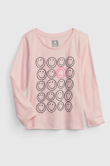 Gap Pink Smiley Faces Graphic Long Sleeve Crew Neck T-Shirt