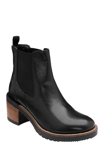 Ravel Black Leather Block-Heel Pull-On Ankle Boots