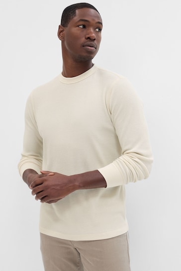 Gap Cream Waffle-Knit Crewneck Long Sleeve T-Shirt