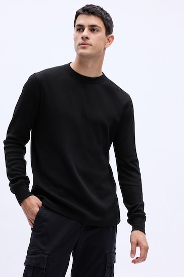 Buy Gap Black Waffle-Knit Crew Neck Long Sleeve T-Shirt from the Next ...