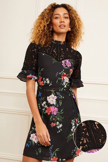 Love & Roses Black Floral Lace Mix Yoke High Neck Tier Short Sleeve Belted Mini Dress