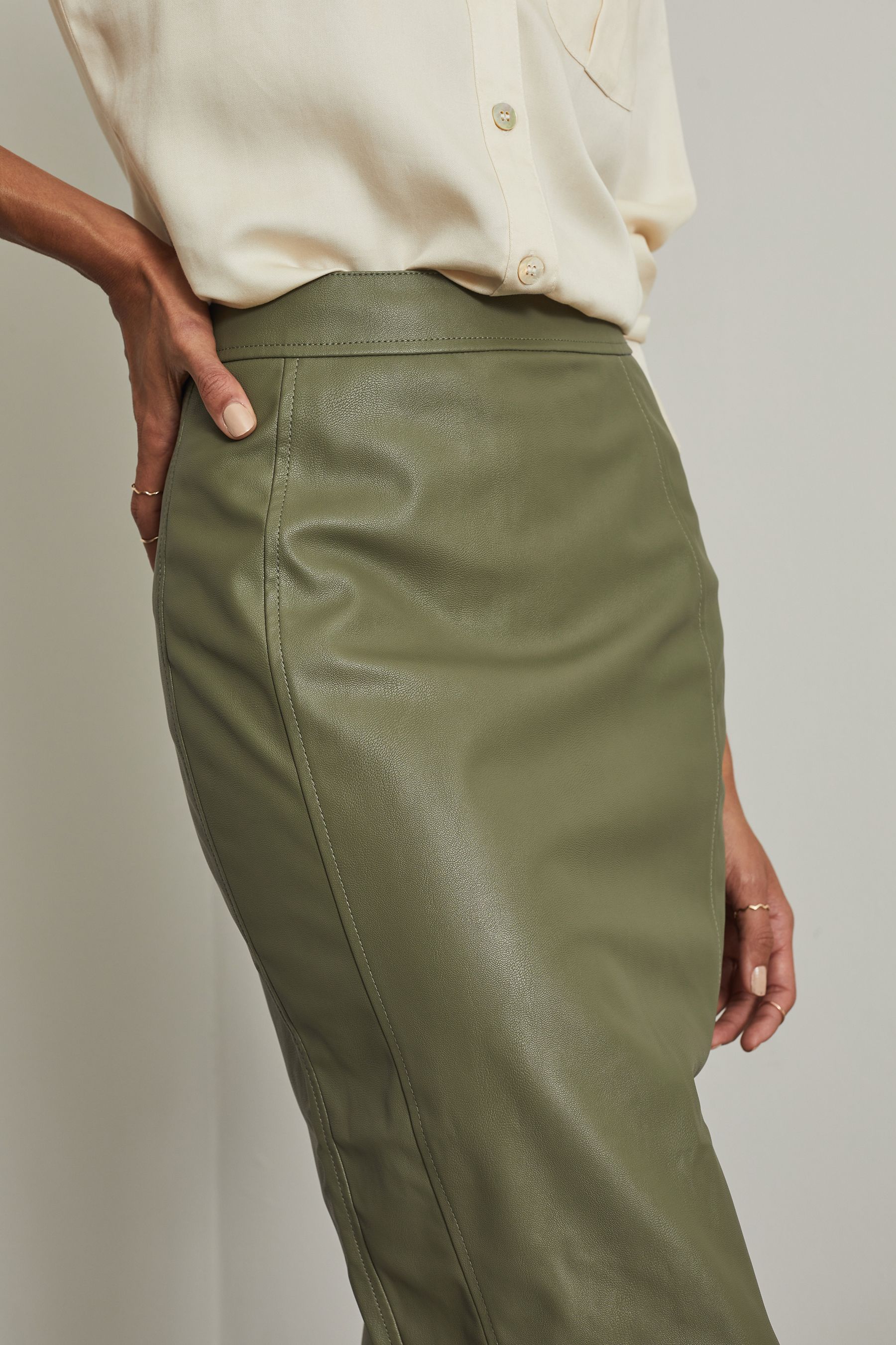 Khaki leather pencil skirt top