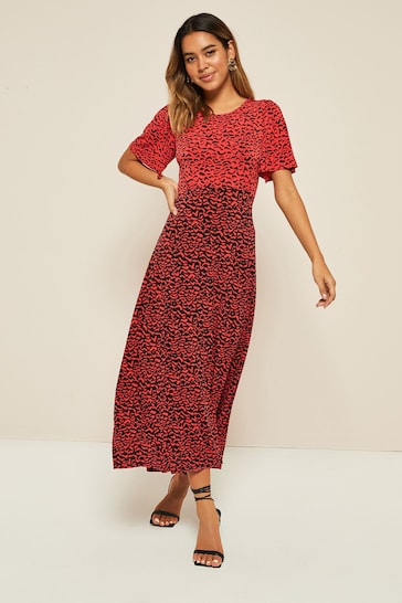 Friends Like These Red Animal Flutter Sleeve Round Neck Midi Dress