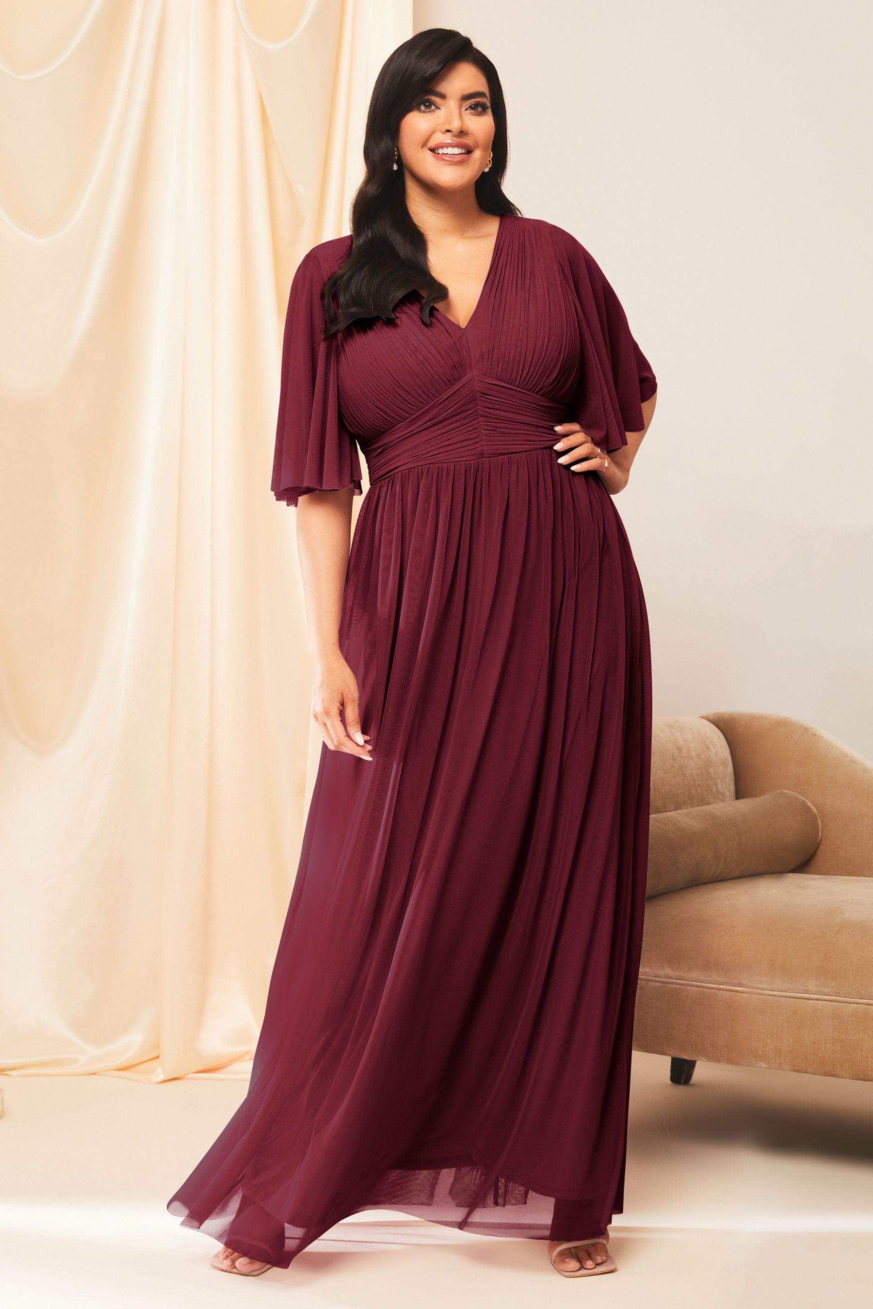 Lipsy Burgundy Red Curve Empire Short Sleeve Bridesmaid Maxi Dress