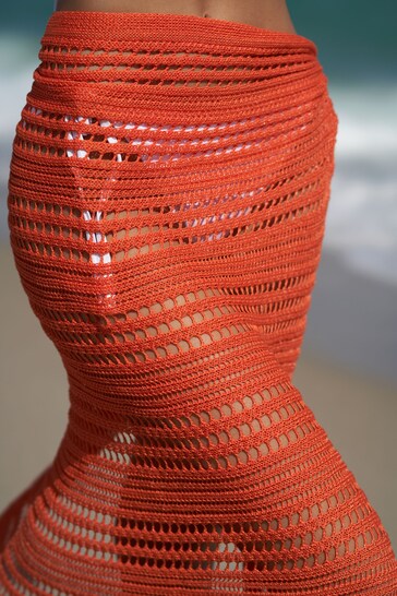 Lipsy Orange Crochet Knitted Maxi Beach Cover Up