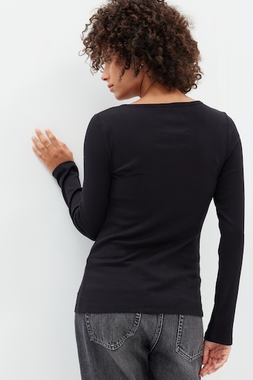 Gap Black Ribbed Henley Button Long Sleeve Scoop Neck T-Shirt