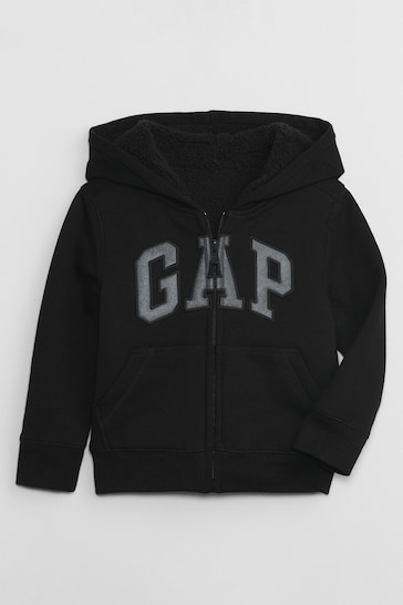 Gap Black Logo Sherpa Zip Long Sleeve Hoodie