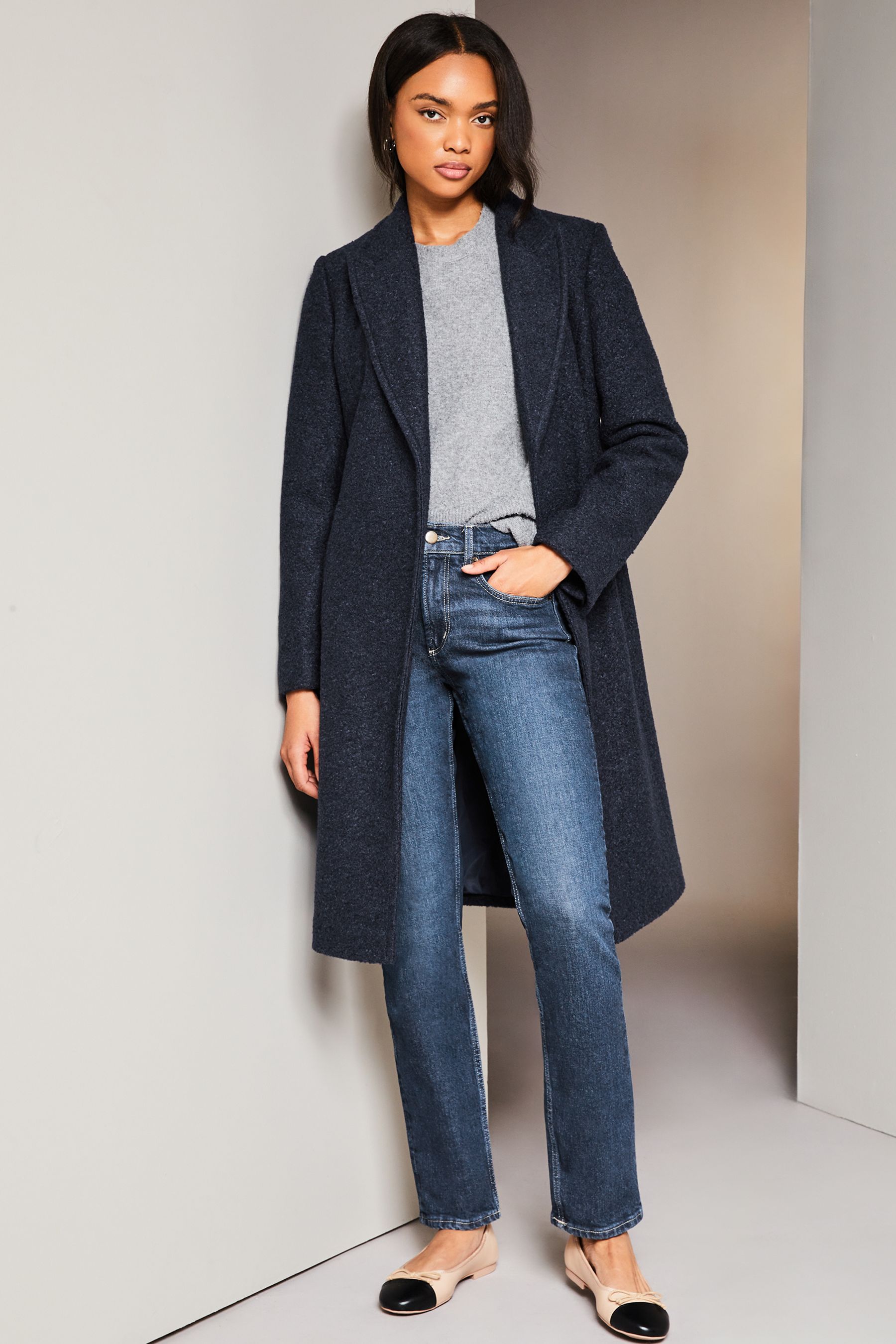 Buy Lipsy Navy Blue Relaxed Belted Boucle Smart Wrap Trench Coat