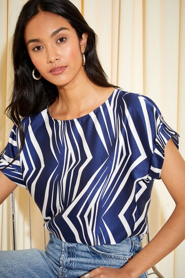 Friends Like These Navy Blue Printed Satin Utility Short Sleeve Top