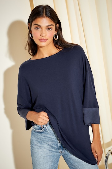 Friends Like These Navy Blue Soft Jersey Long Sleeve Satin Trim Tunic Top