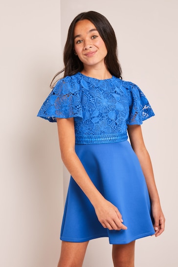Lipsy Cobalt Blue 2-In-1 Flutter Sleeve Lace Occasion Dress