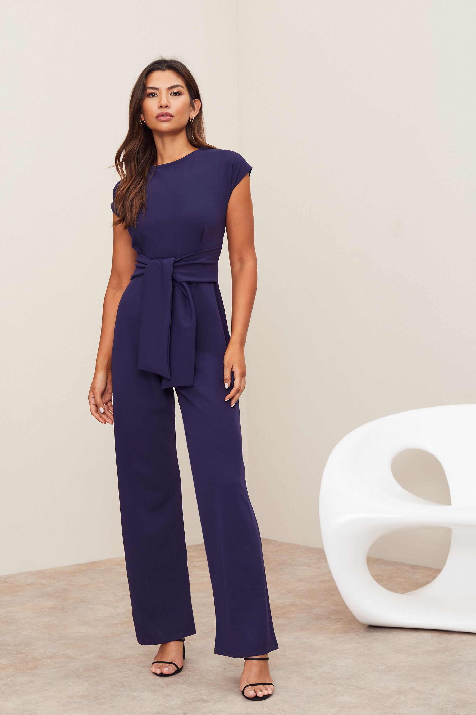 Lipsy Navy Blue Petite Cap Sleeve Tie Front Jumpsuit