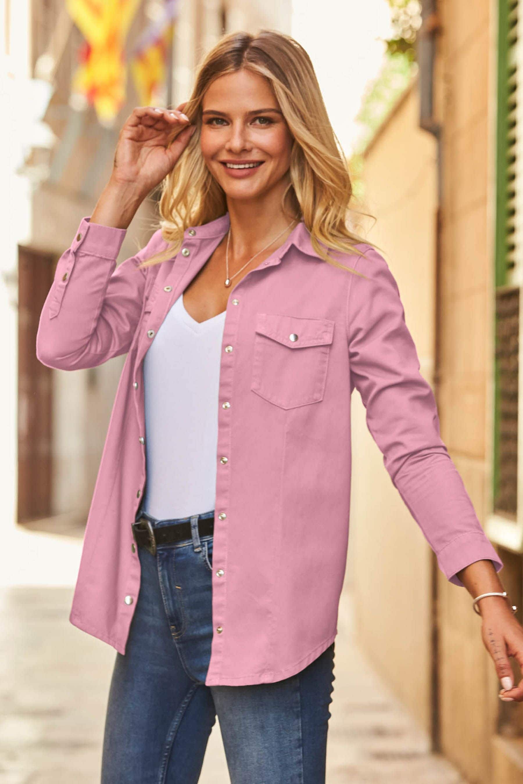 Pink store denim shirt