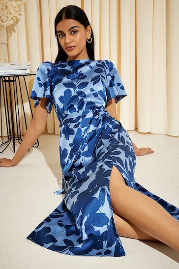 Friends Like These Navy Blue Floral Flutter Sleeve Printed Satin Midi Summer Dress