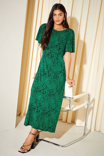 Friends Like These Green Animal Flutter Sleeve Round Neck Midi Dress