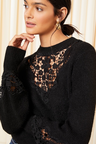 Friends Like These Black Crew Neck Lace Detail Rib Jumper