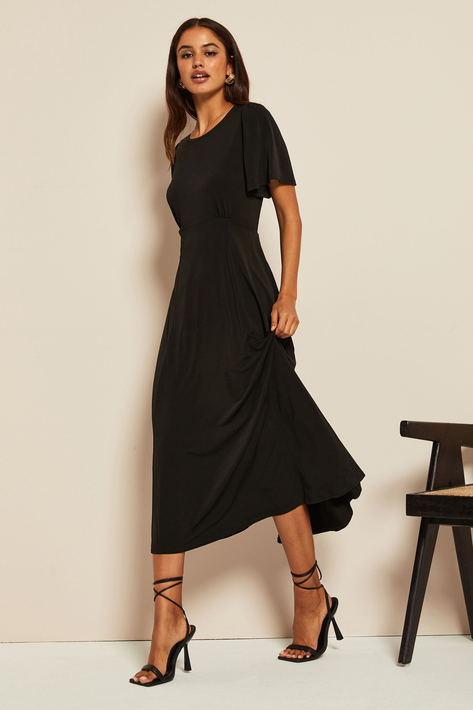 Buy Friends Like These Black Flutter Sleeve Round Neck Midi Dress