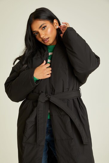 Urban Bliss belted wrap puffer coat in black