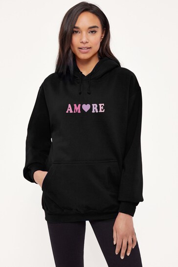 Lipsy Black Amore French Slogan Hooded Sweatshirt -  Women's