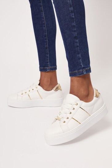 Lipsy White Lace Up Low Top Flatform Faux Leather Trainer