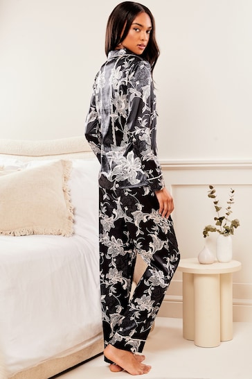 Lipsy Black and White Printed Satin Long Sleeve Pyjamas