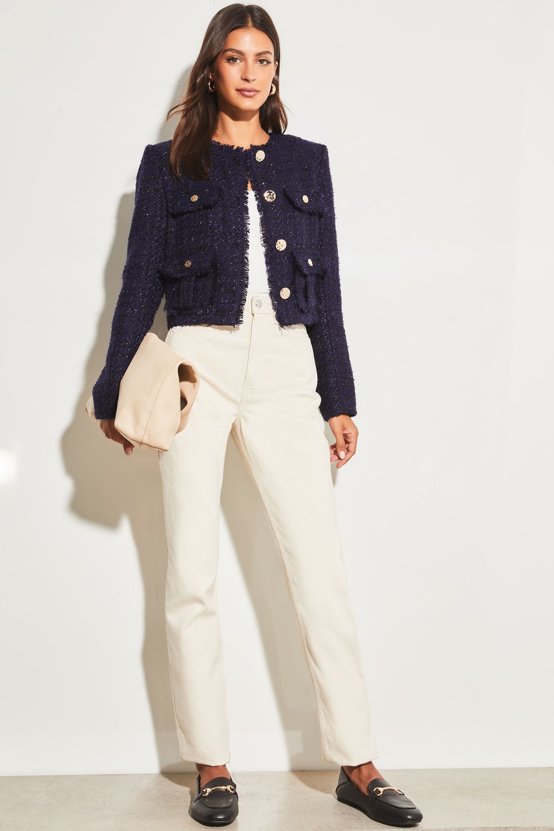 Lipsy Navy Blue Boucle Cropped Tailored Button Through Pocket Blazer Jacket
