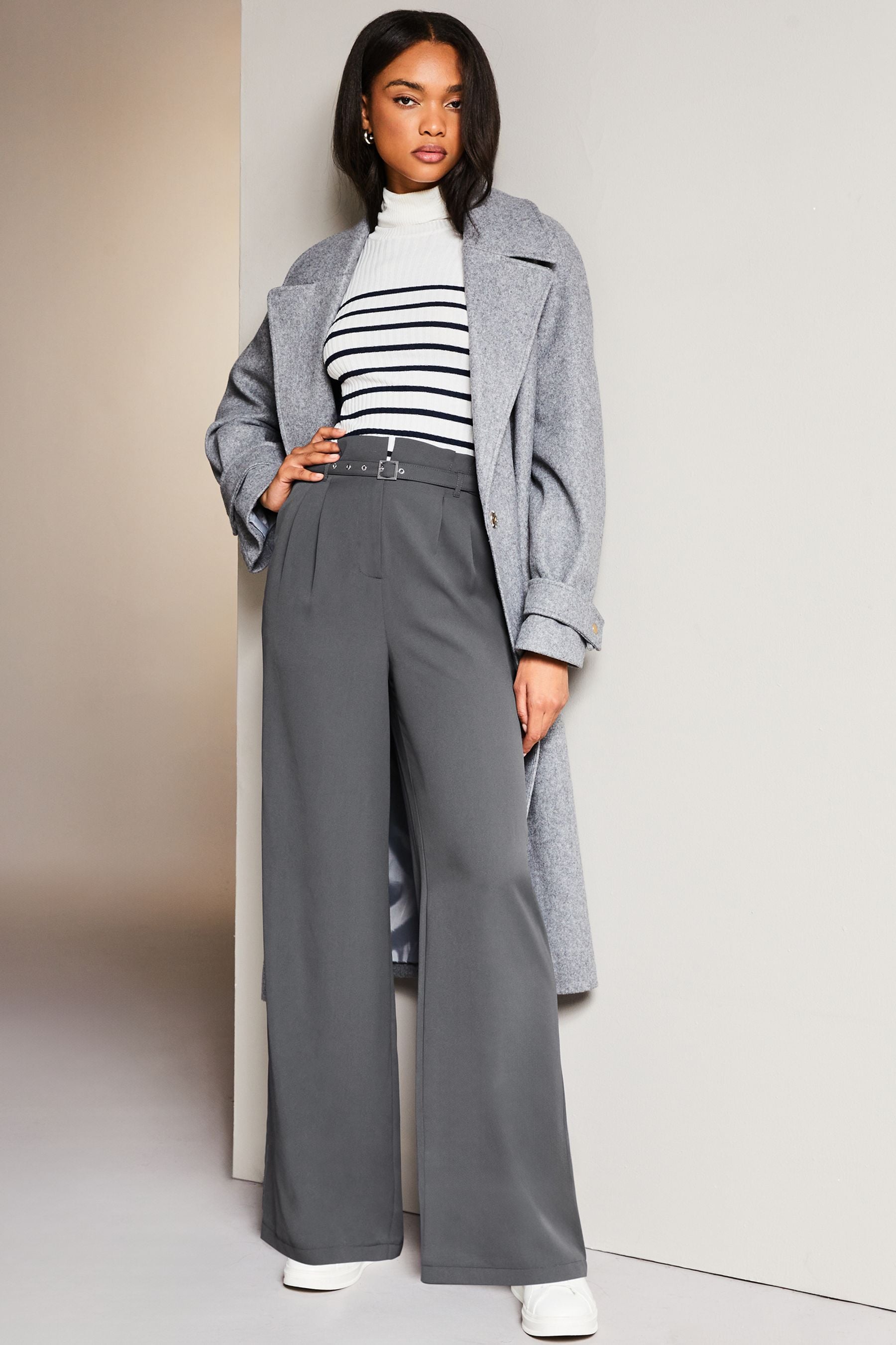 Buy Lipsy Grey Paperbag Wide Leg Belted Tailored Trousers from the