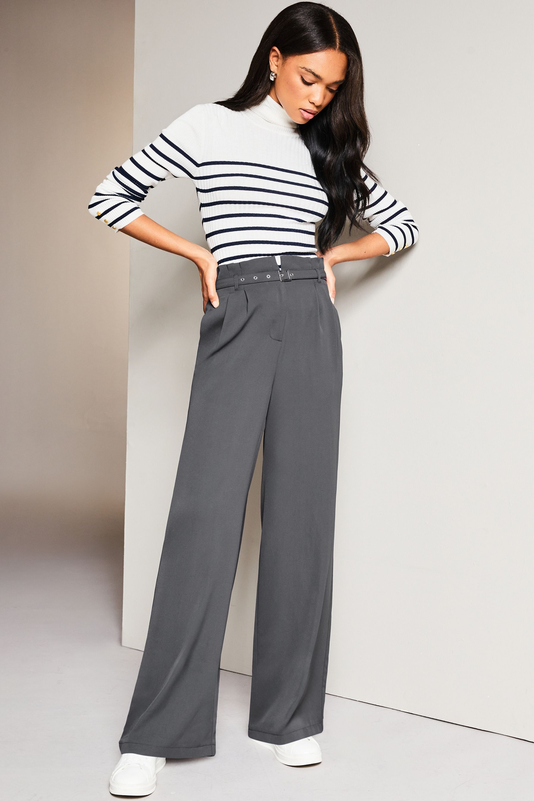 Buy Lipsy Grey Paperbag Wide Leg Belted Tailored Trousers from the