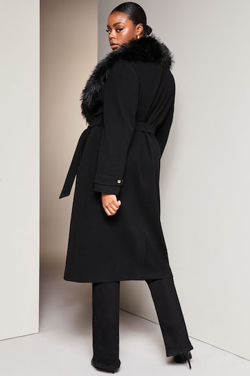 Lipsy Black Curve Faux Fur Collar Belted Longline Wrap Coat