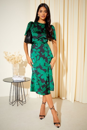 Friends Like These Dark Green Floral Petite Flutter Sleeve Printed Satin Midi Summer Dress