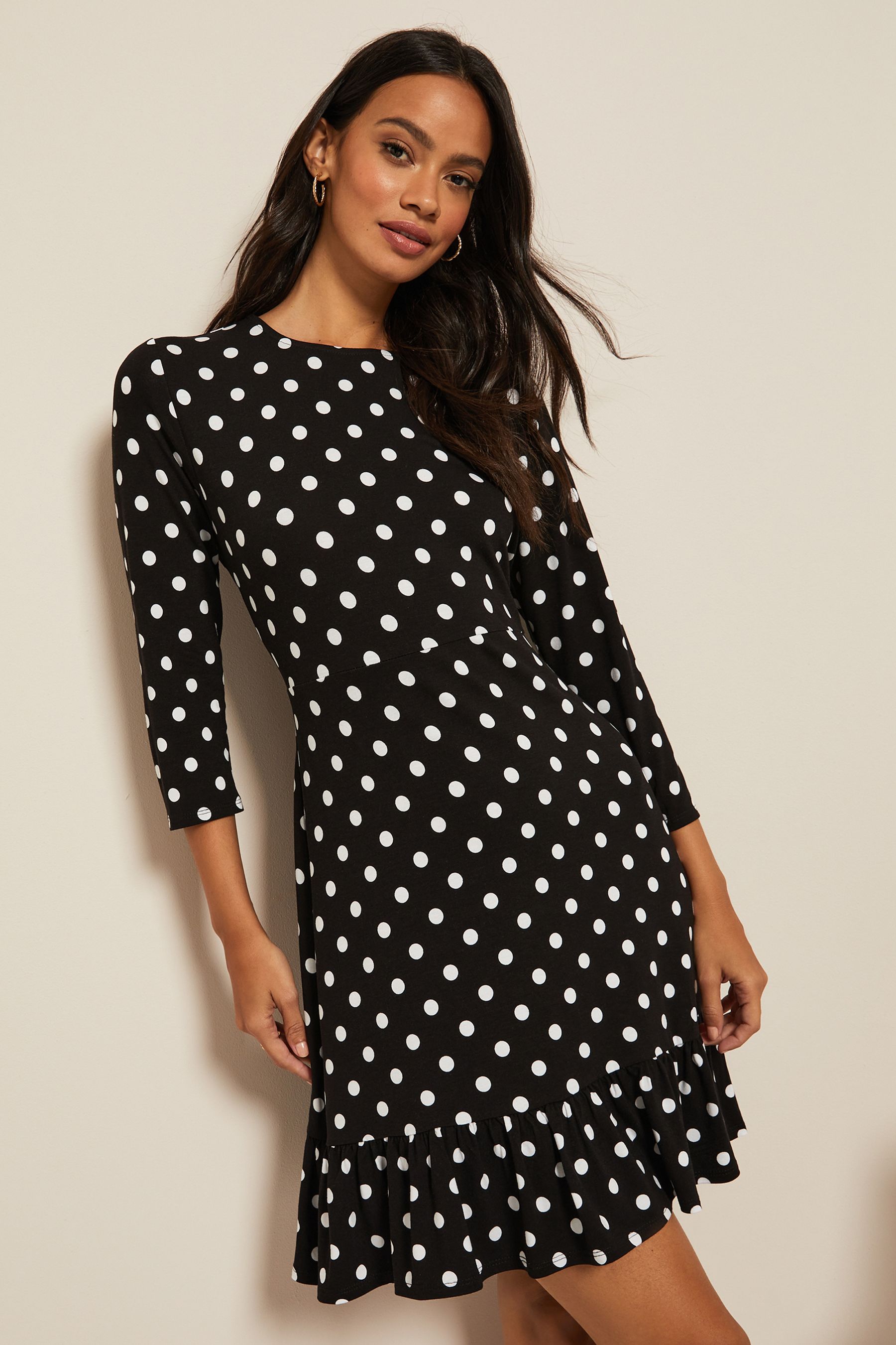 Friends Like These Black White Polka Dot Petite Fit And Flare Round Neck 3 4 Sleeve Dress