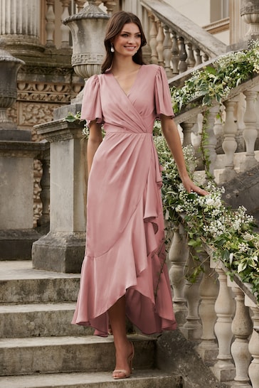 Lipsy Pink Flutter Sleeve Wrap Front Bridesmaid Maxi Dress