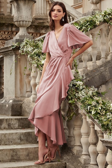 Lipsy Pink Flutter Sleeve Wrap Front Bridesmaid Maxi Dress