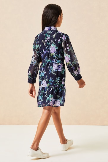 Lipsy Navy Floral Belted Long Sleeve Shirt Dress