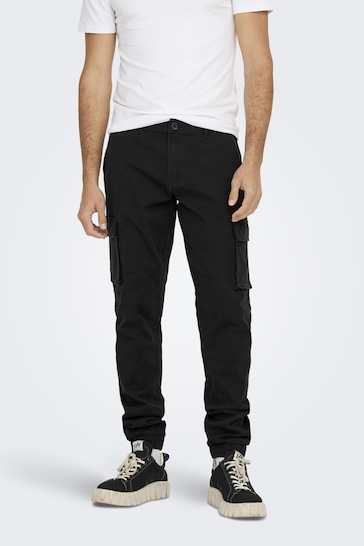 Buy Only & Sons Black Cargo Detail Trousers with Cuffed Ankle from the ...