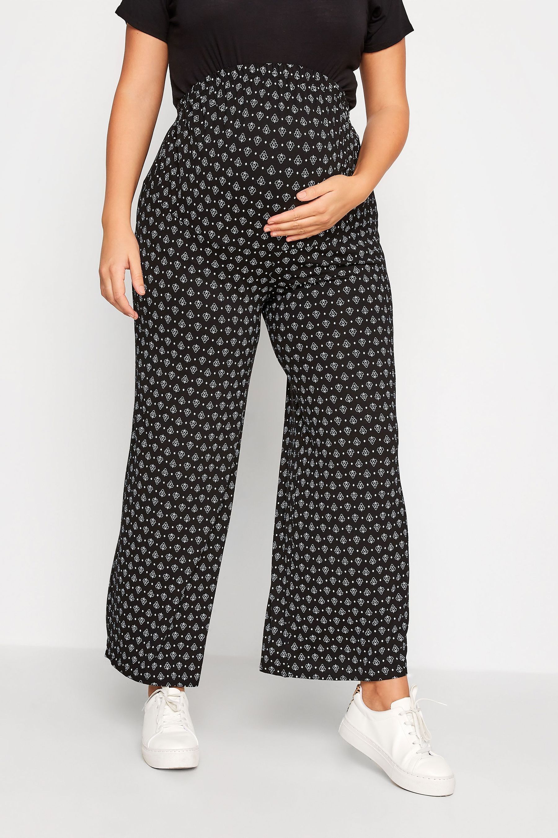 Buy Yours Curve Black Maternity Geometric Floral Wide Leg Trousers